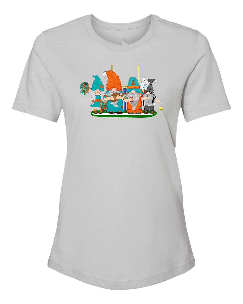 Aqua & Orange Football Gnomes on Women's T-shirt (similar to Miami)