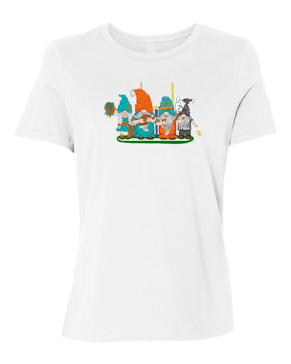 Aqua & Orange Football Gnomes on Women's T-shirt (similar to Miami)