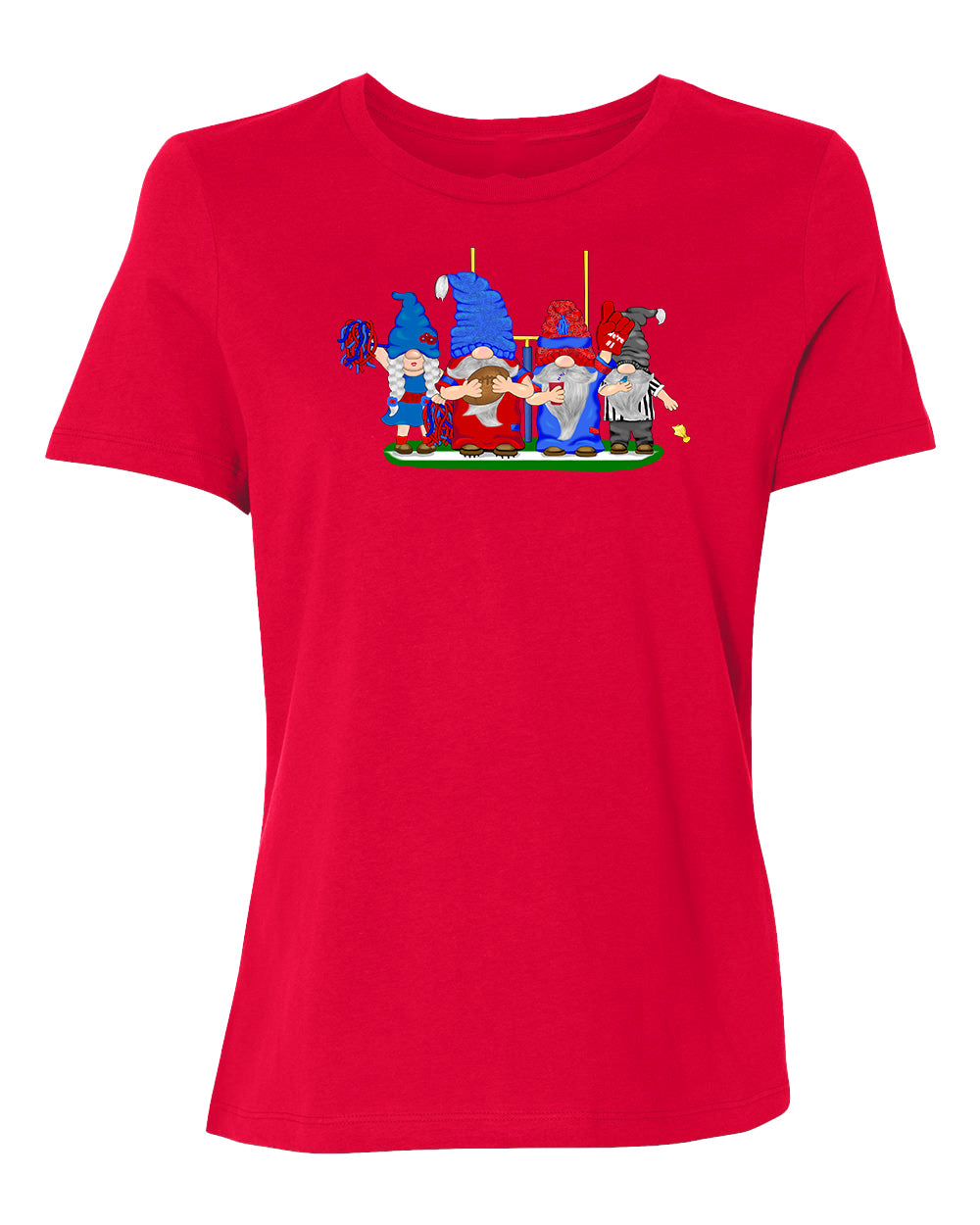 Red & Blue Football Gnomes on Women's T-shirt (similar to Buffalo)