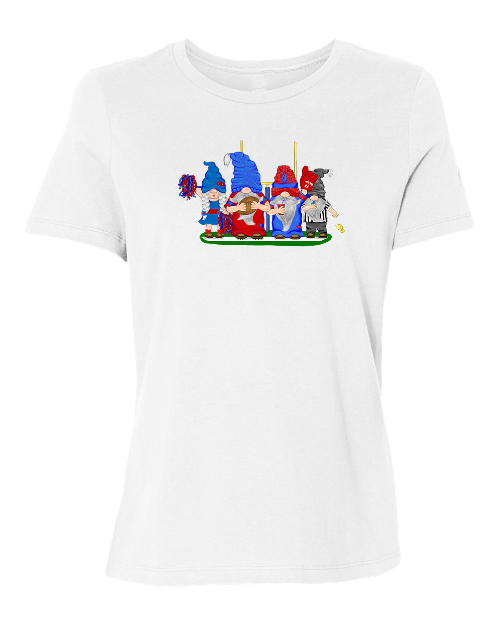 Red & Blue Football Gnomes on Women's T-shirt (similar to Buffalo)