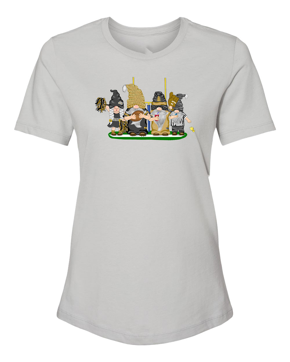 Gold & Black Football Gnomes on Women's T-shirt (similar to New Orleans)