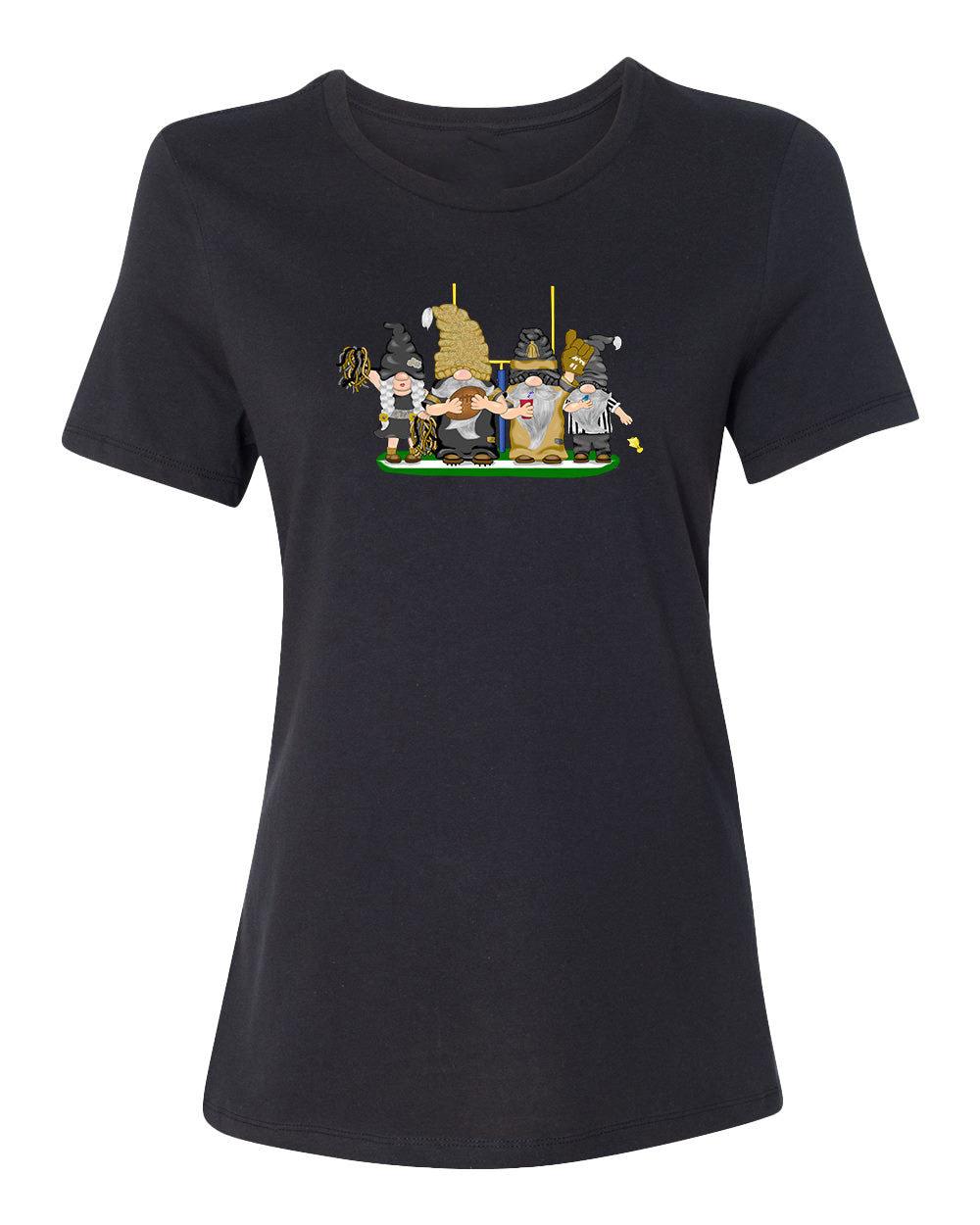 Gold & Black Football Gnomes on Women's T-shirt (similar to New Orleans)