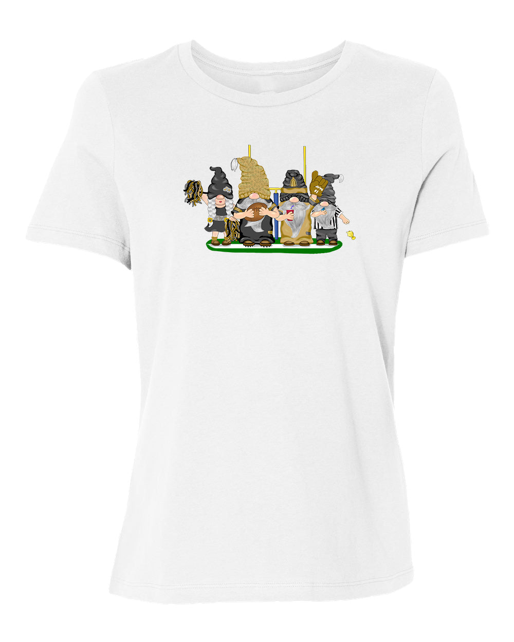 Gold & Black Football Gnomes on Women's T-shirt (similar to New Orleans)