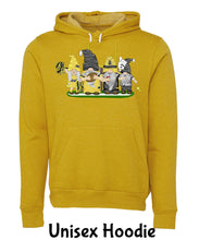 Load image into Gallery viewer, Black &amp; Gold Football Gnomes (similar to Pittsburgh) on Unisex Hoodie
