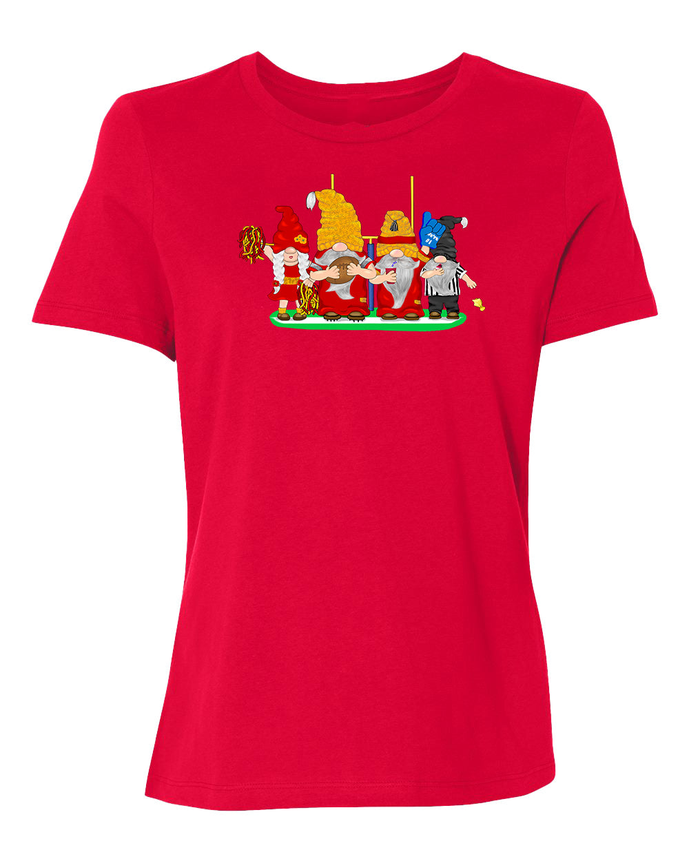 Red & Gold Football Gnomes on Women's T-shirt (similar to Kansas City)