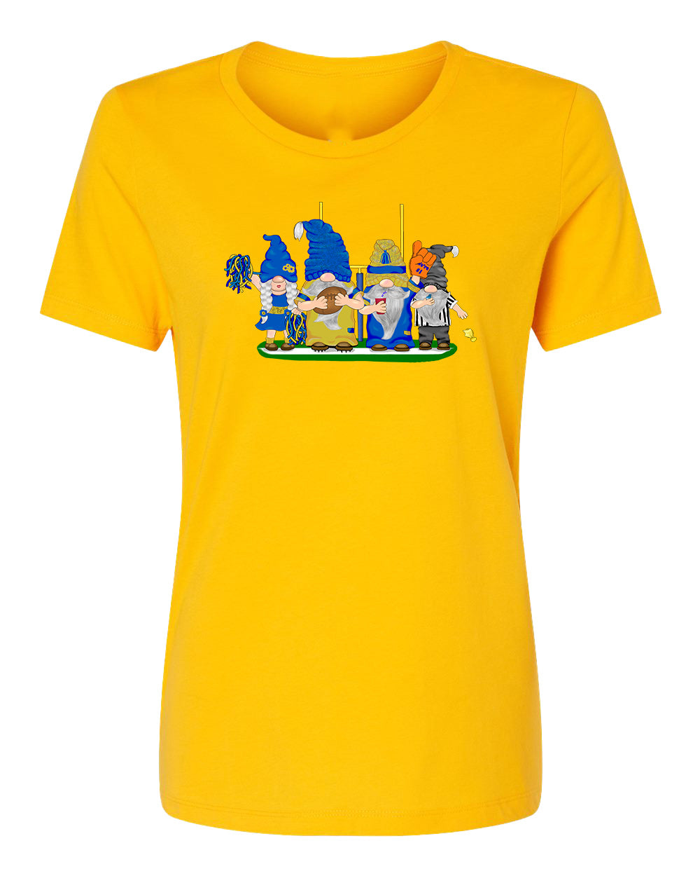 Blue & Gold Football Gnomes on Women's T-shirt (similar to LA)