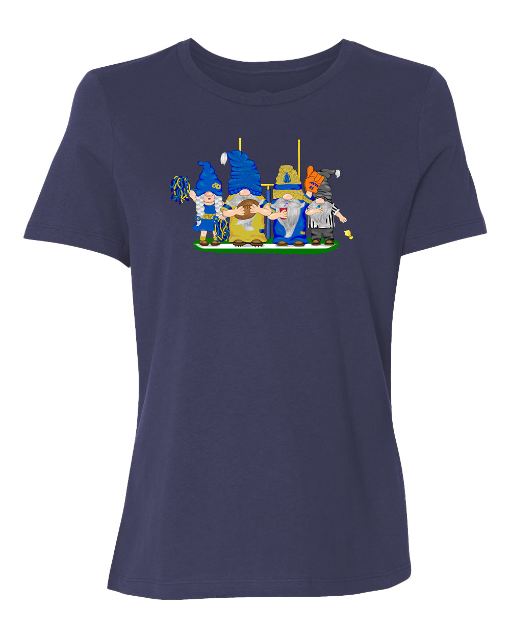 Blue & Gold Football Gnomes on Women's T-shirt (similar to LA)