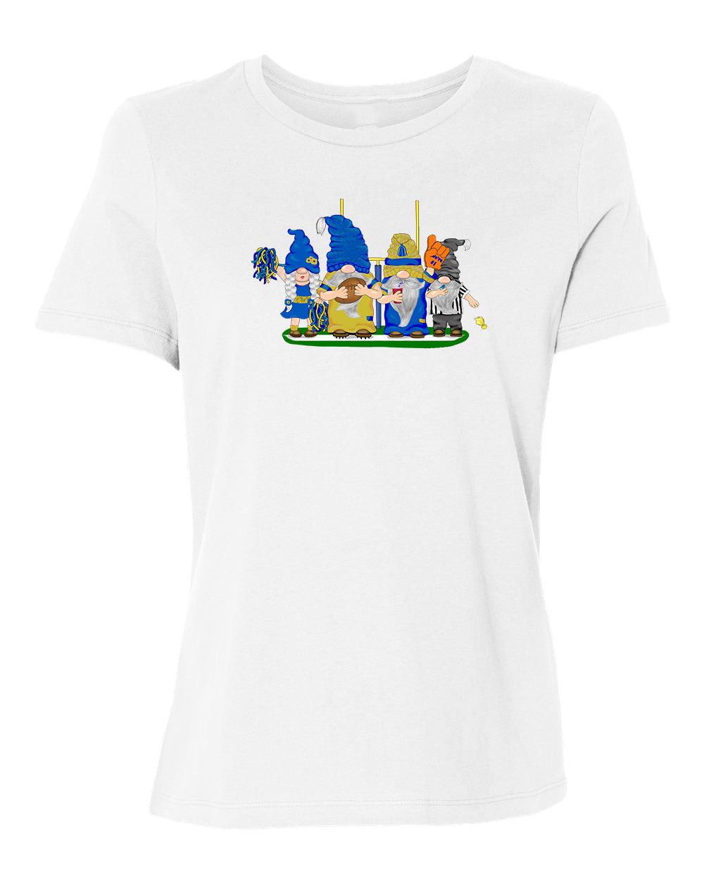 Blue & Gold Football Gnomes on Women's T-shirt (similar to LA)