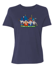 Load image into Gallery viewer, Orange &amp; Blue Football Gnomes on Women&#39;s T-shirt (similar to Chicago)
