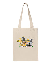 Load image into Gallery viewer, Black &amp; Gold Football Gnomes  (similar to Pittsburgh) on Gusset Tote
