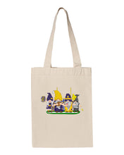 Load image into Gallery viewer, Purple &amp; Gold Football Gnomes  (similar to Minnesota) on Gusset Tote
