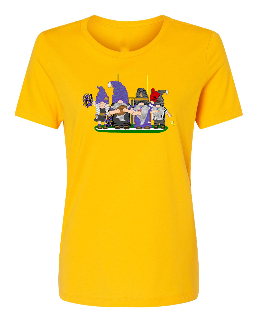 Purple & Black Football Gnomes on Women's T-shirt (similar to Baltimore)