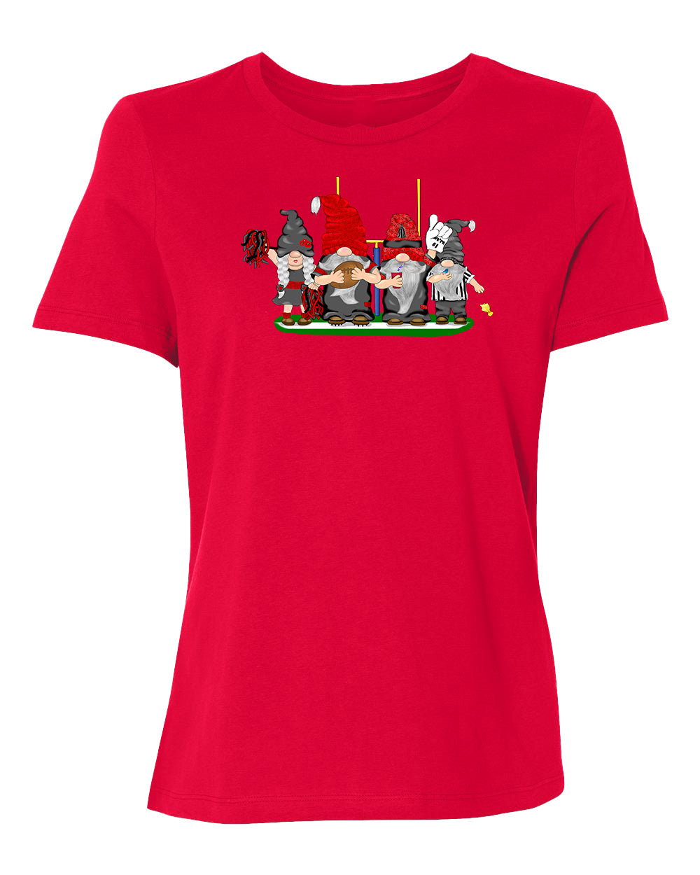 Black & Red Football Gnomes on Women's T-shirt (similar to Tampa Bay)