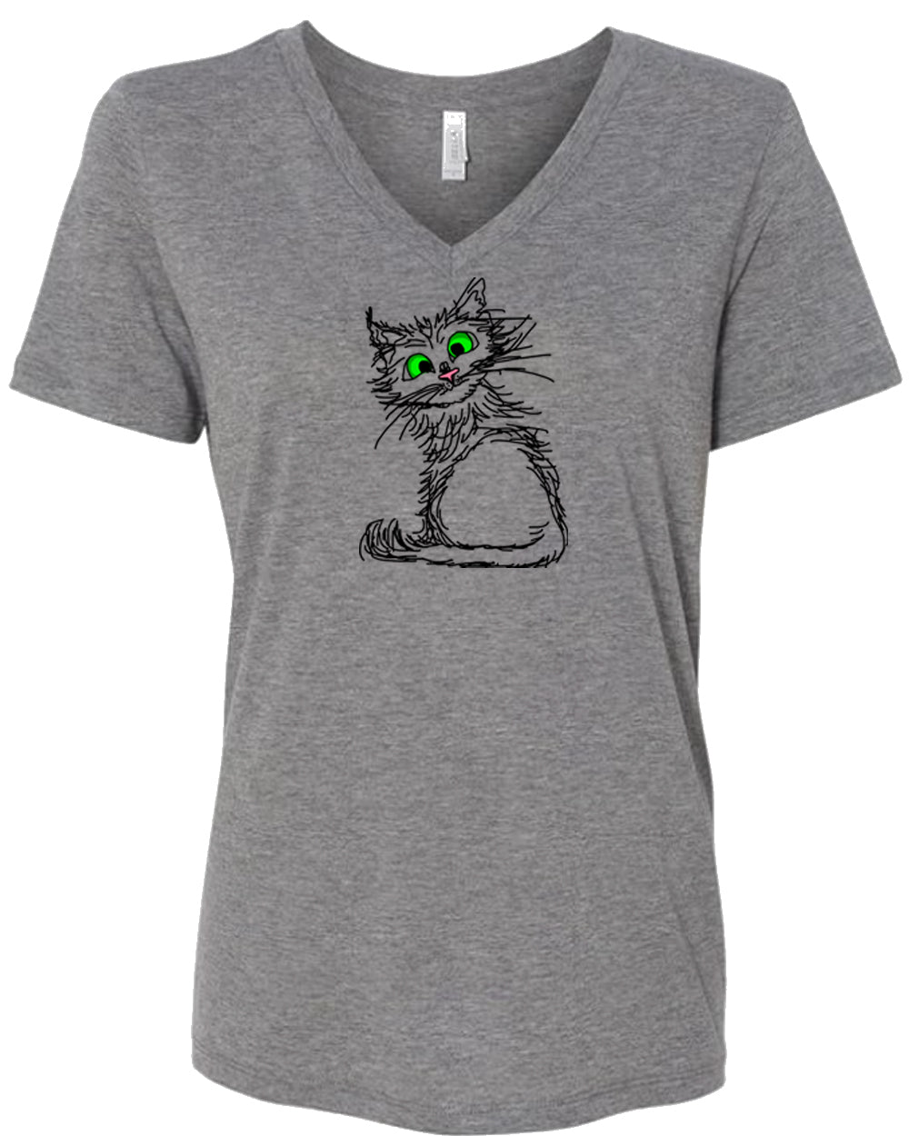 Black Scribble Cat on Women's V Neck T-shirt