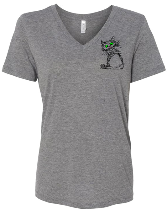 Black Scribble Cat on Women's V Neck T-shirt chest