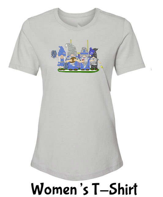 Blue & Silver Football Gnomes on Women's T-shirt (similar to Detroit)