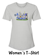 Load image into Gallery viewer, Blue &amp; Silver Football Gnomes on Women&#39;s T-shirt (similar to Detroit)
