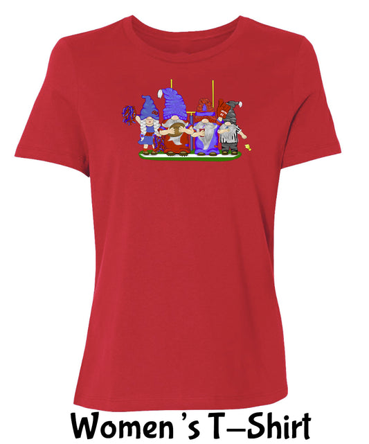 Red & Blue Football Gnomes on Women's T-shirt (similar to Buffalo)