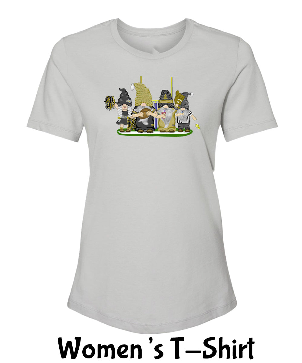 Gold & Black Football Gnomes on Women's T-shirt (similar to New Orleans)