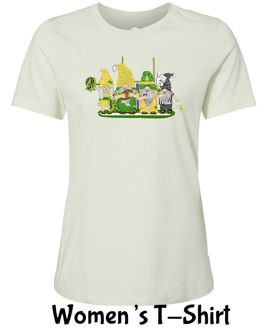 Green & Yellow Football Gnomes on Women's T-shirt (similar to Eugene)