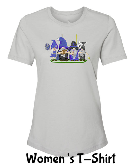 Blue & Black Football Gnomes on Women's T-shirt (similar to Carolina)