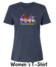 Load image into Gallery viewer, Steel Blue &amp; Red Football Gnomes on Women&#39;s T-shirt (similar to Houston)
