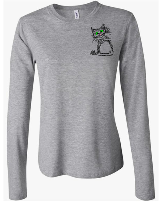 Black Scribble Cat on Women's Long Sleeve T-shirt on chest