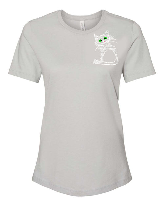 White Scribble Cat on Women's T-shirt chest