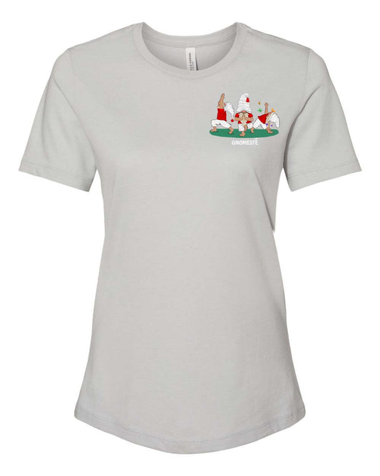 Yoga Gnomes on chest of Women's T-shirt