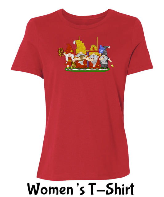 Red & Gold Football Gnomes on Women's T-shirt (similar to Kansas City)