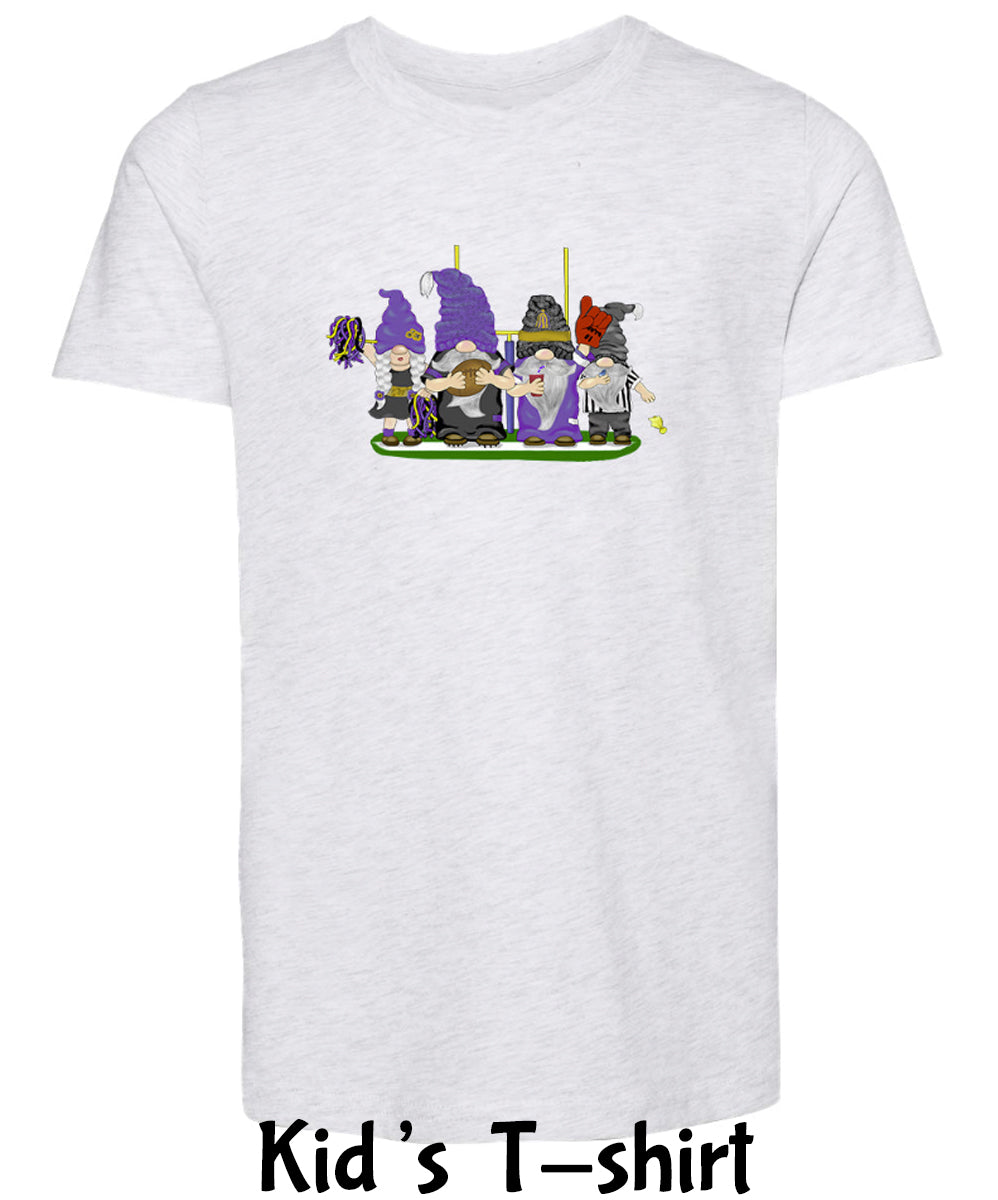 Purple & Black Football Gnomes  (similar to Baltimore) on Kids T-shirt