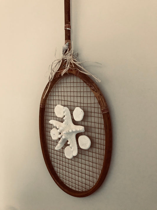 Antique Wooden Badminton Racquet with Starfish and Sand Dollars