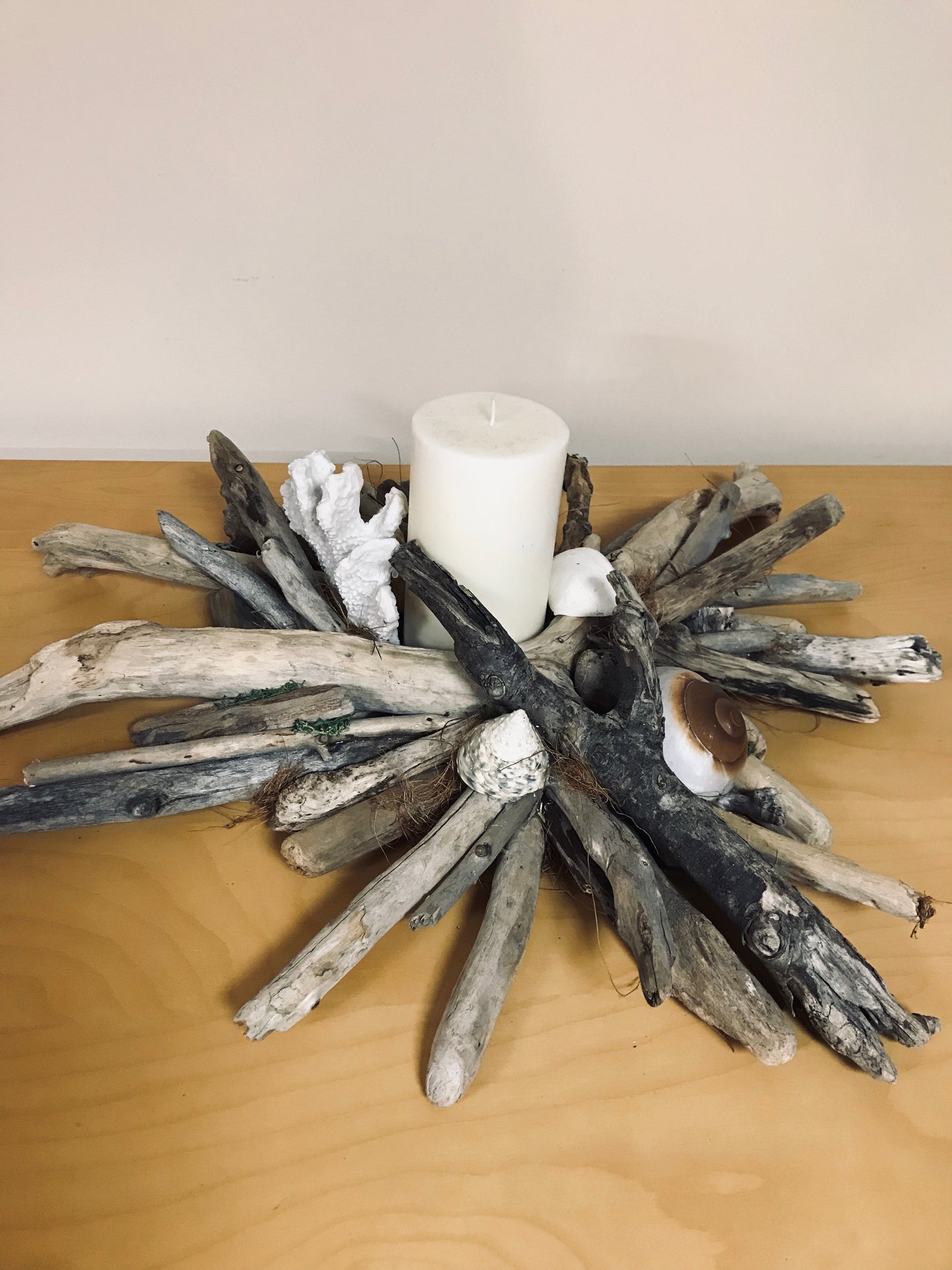 Driftwood Pillar Candle with Shells Centerpiece