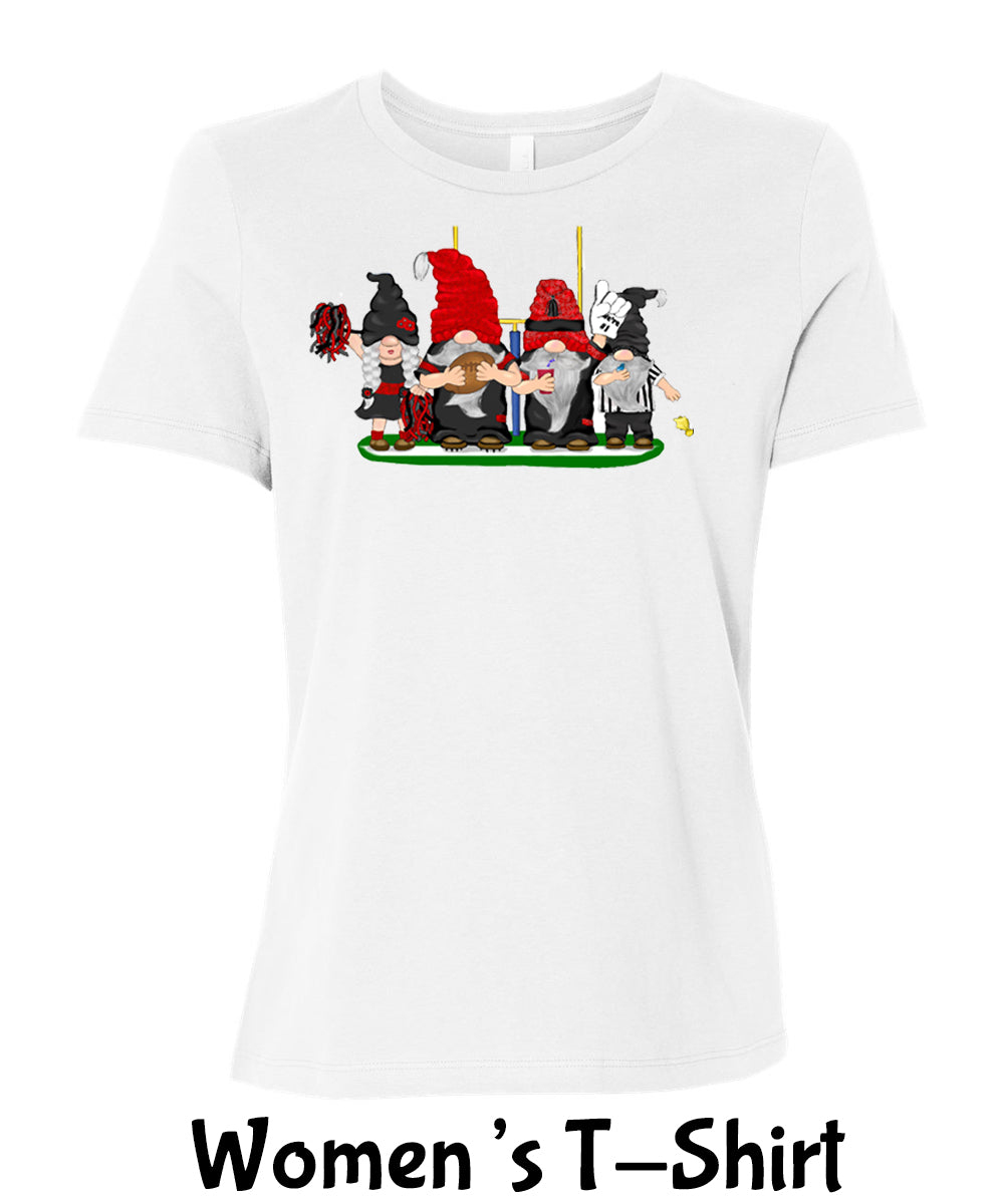 Black & Red Football Gnomes on Women's T-shirt (similar to Tampa Bay)