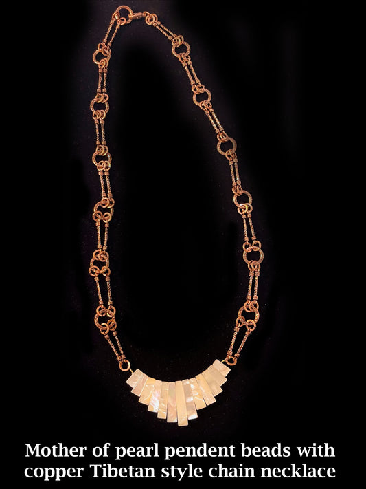 Mother of pearl pendant beads with copper Tibetan style chain necklace