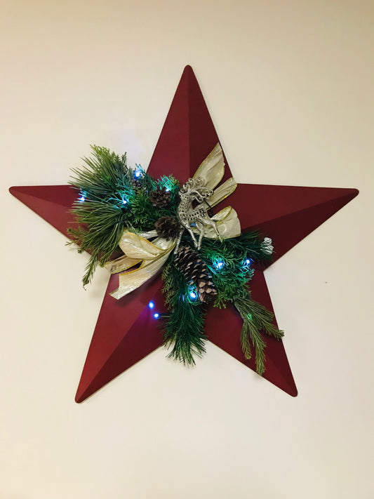 Red Metal Christmas Star with Lights and Greenery