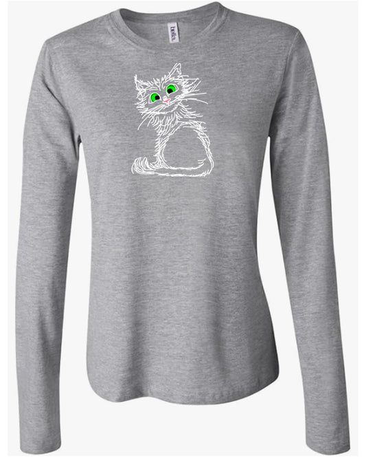 White Scribble Cat on Women's Long Sleeve T-shirt