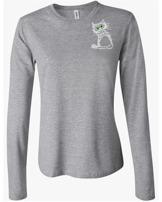 White Scribble Cat on Women's Long Sleeve T-shirt on chest