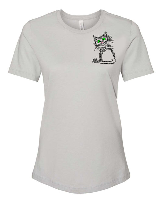 Black Scribble Cat on Women's T-shirt chest