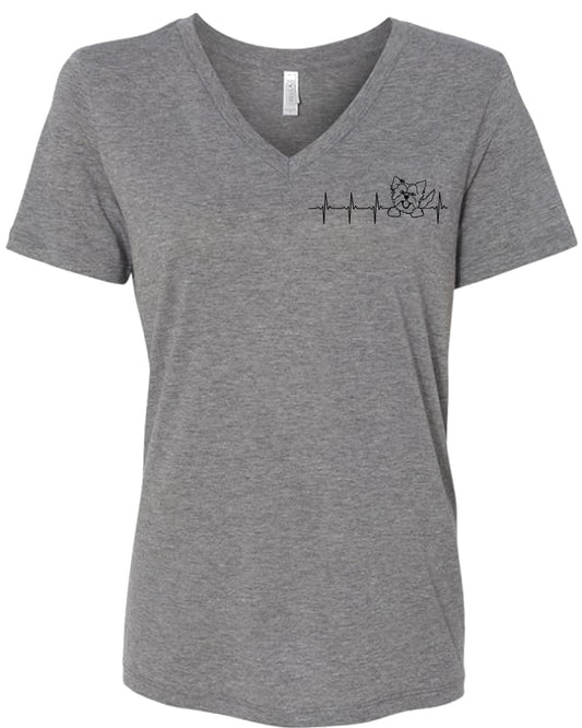 Yorkie Heartbeat on Women's V Neck T-shirt