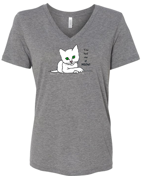 Women's V-Neck T-shirt with White Cat images