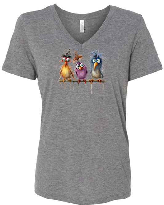 Women's V-neck T-shirt with Funny Birds