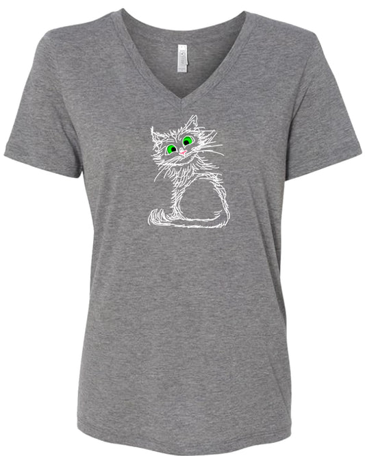 White Scribble Cat on Women's V Neck T-shirt