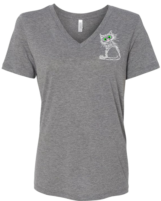 White Scribble Cat on Women's V Neck T-shirt chest
