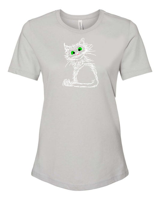 White Scribble Cat on Women's T-shirt